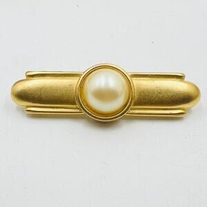 Monet Art Deco Style Bar Brooch Vintage 70s-80s Gold Tone Faux Pearl Minimalist